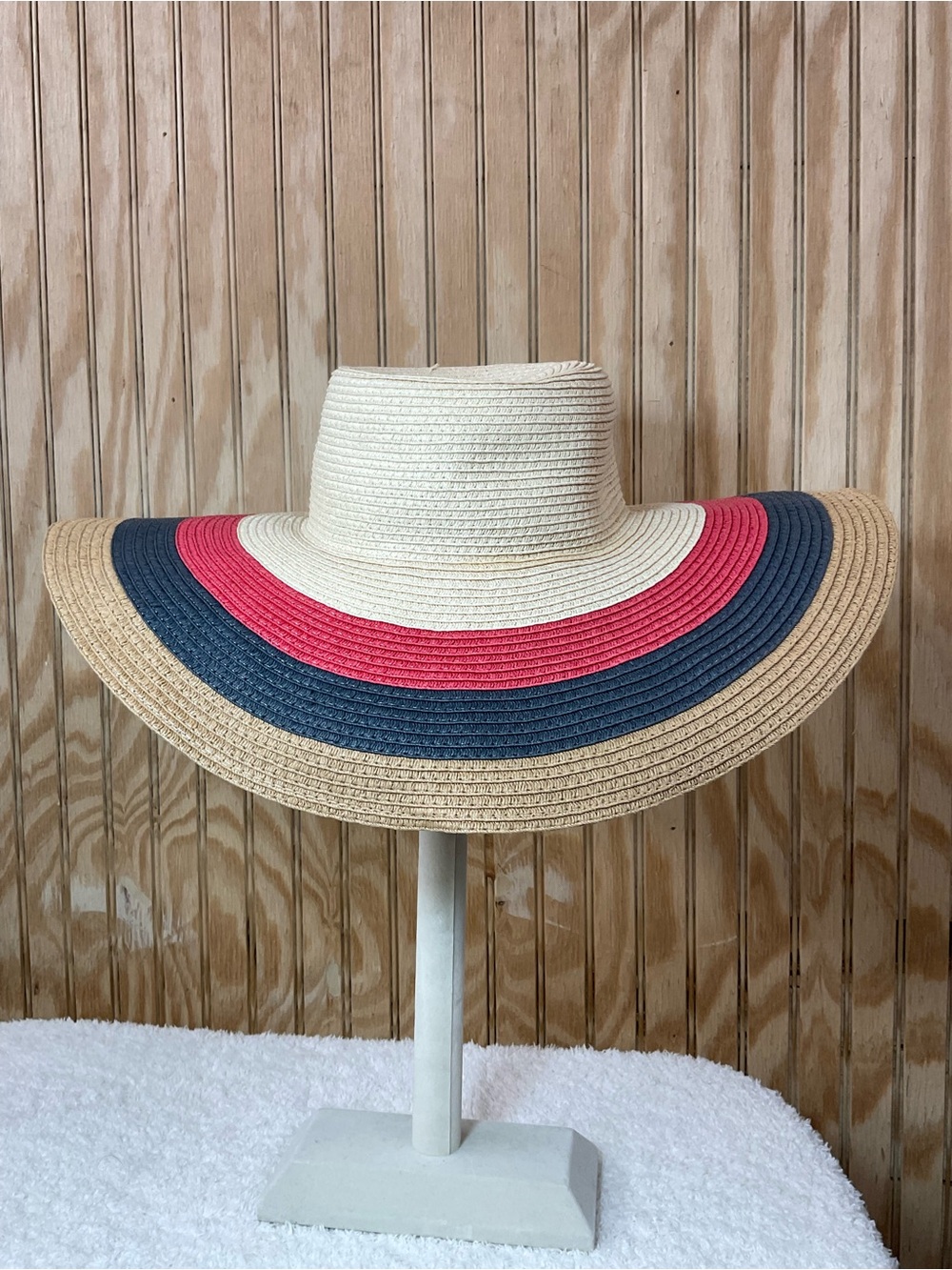 Wide Brim Straw Sun Hat with Navy and Red Trim